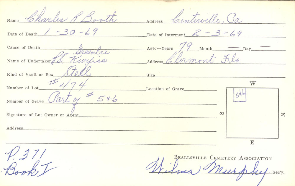 Charles R. Booth burial card